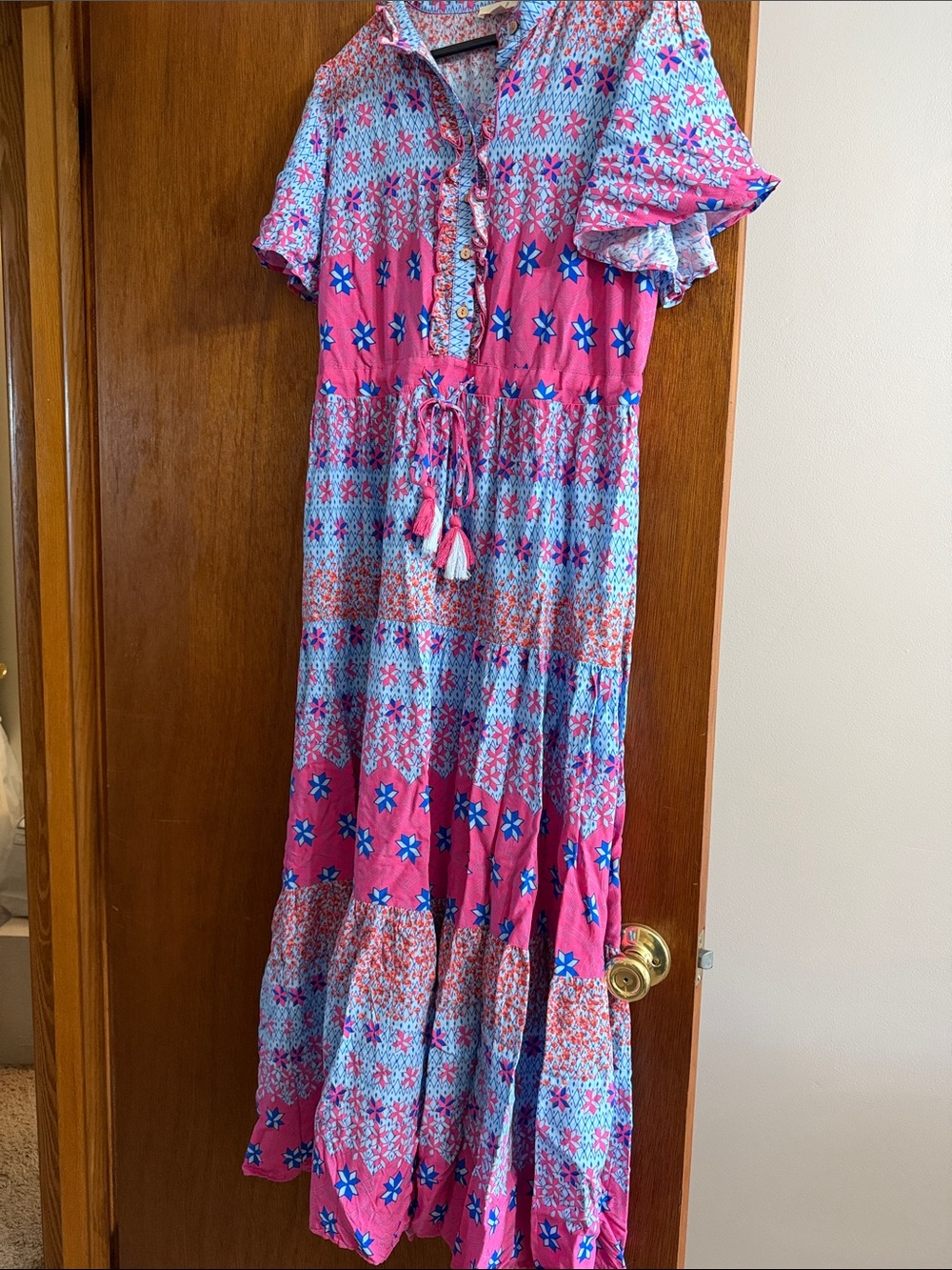 Easel Pink & Blue Tiered Maxi Dress